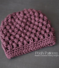 Load image into Gallery viewer, puff stitch messy bun hat crochet pattern
