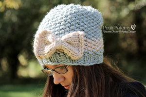knit slouchy hat and bow pattern