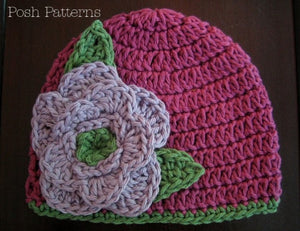 Crochet Pattern - Easy Crochet Beanie Hat - Flowers Bow Leaves